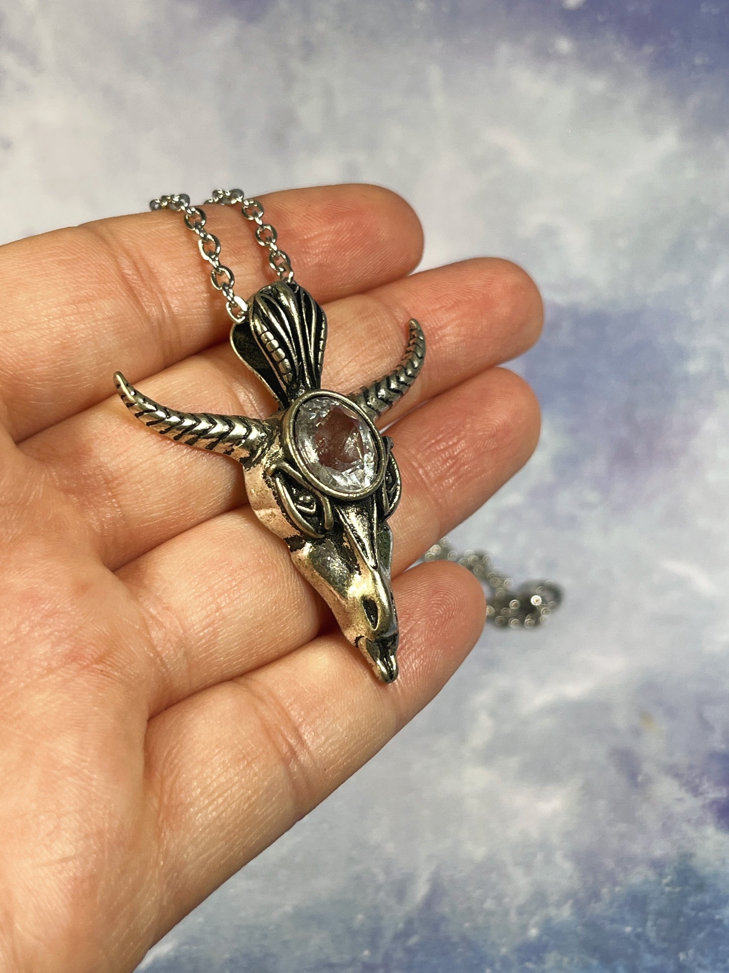 Clear Quartz Horned Skull Necklace