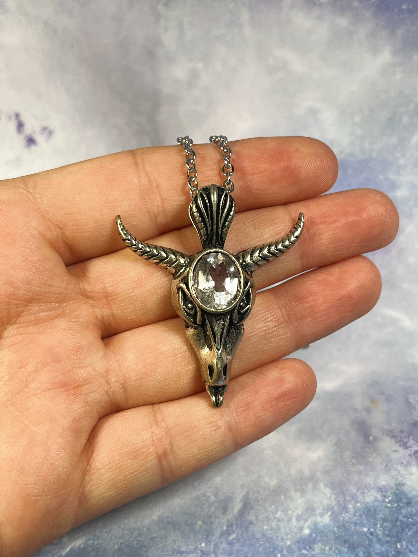 Clear Quartz Horned Skull Necklace