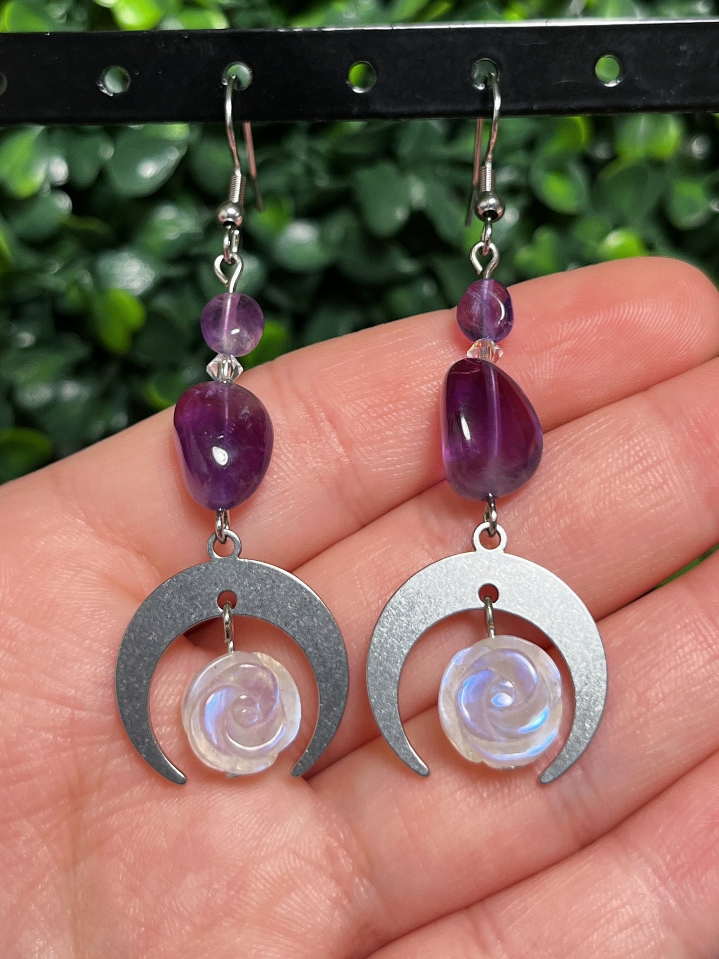 Moonstone Rose & Amethyst Earrings
