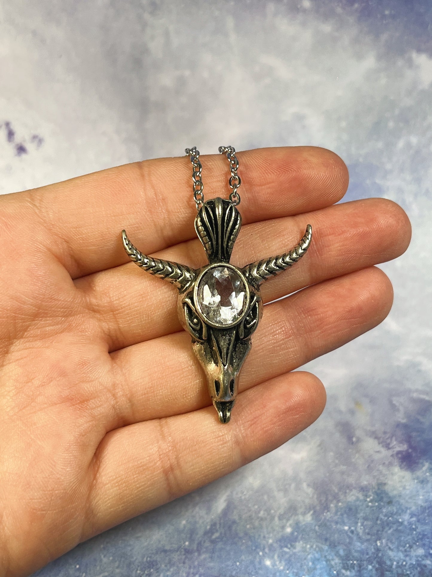 Clear Quartz Horned Skull Necklace
