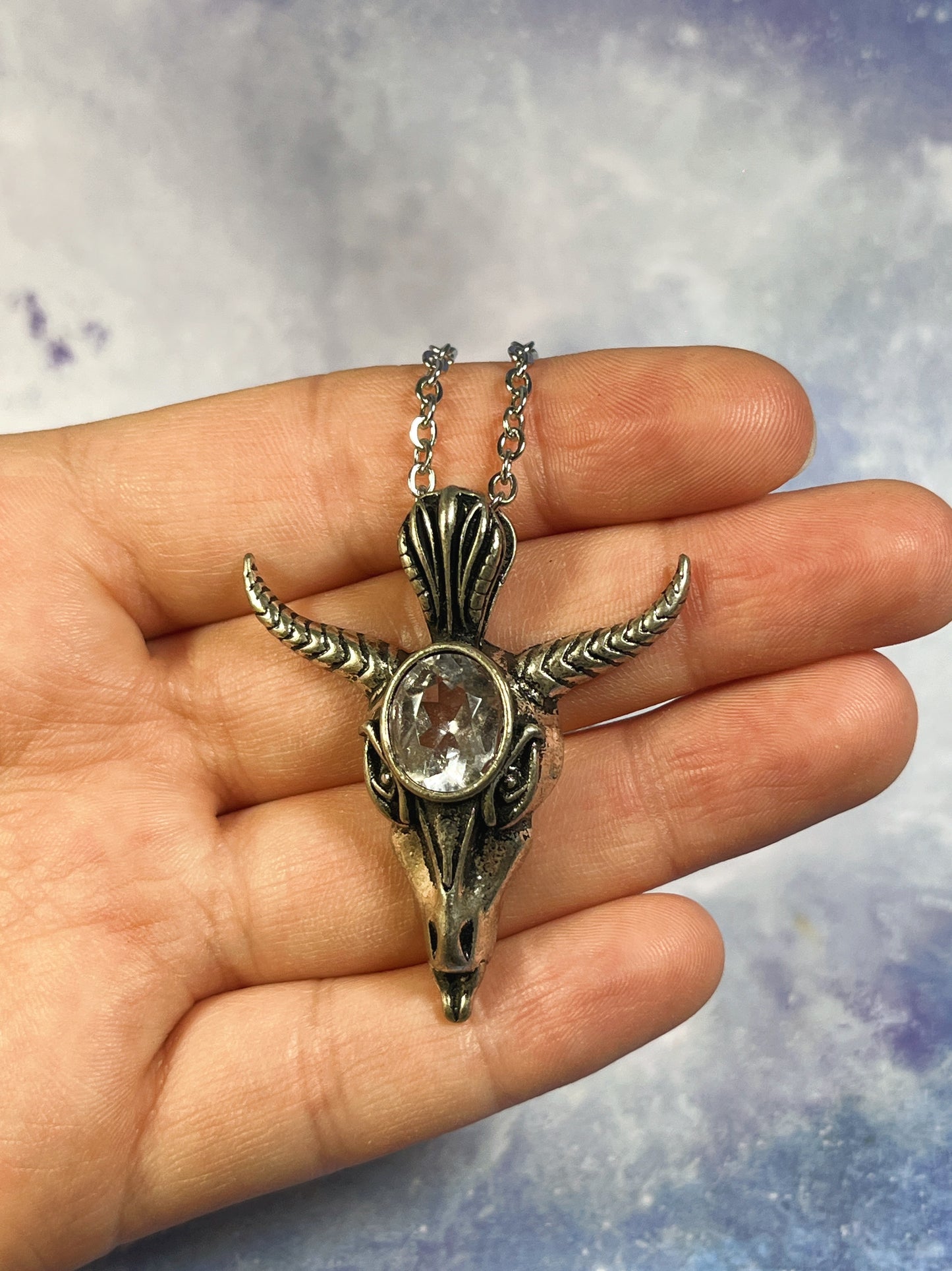 Clear Quartz Horned Skull Necklace