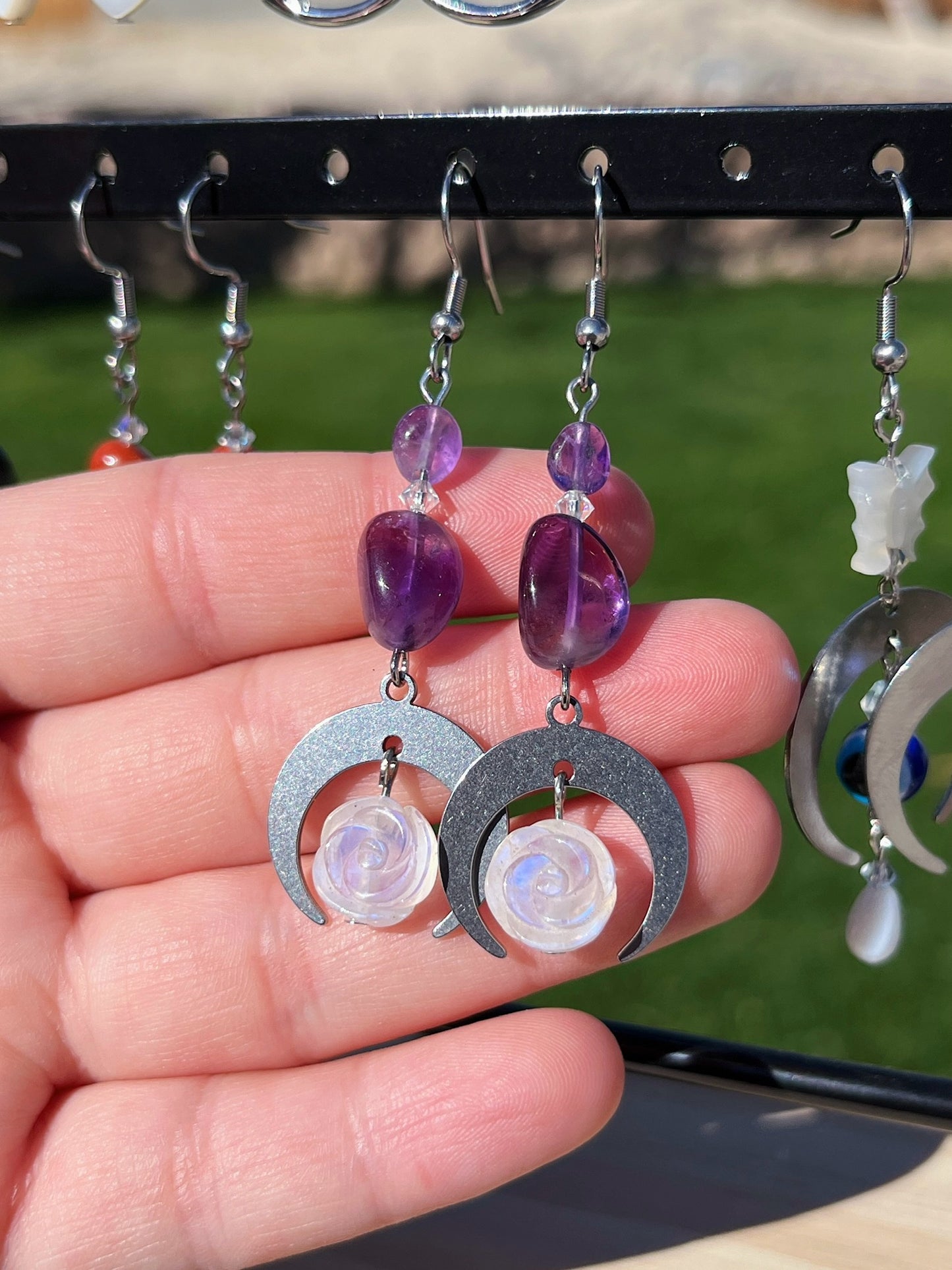 Moonstone Rose & Amethyst Earrings