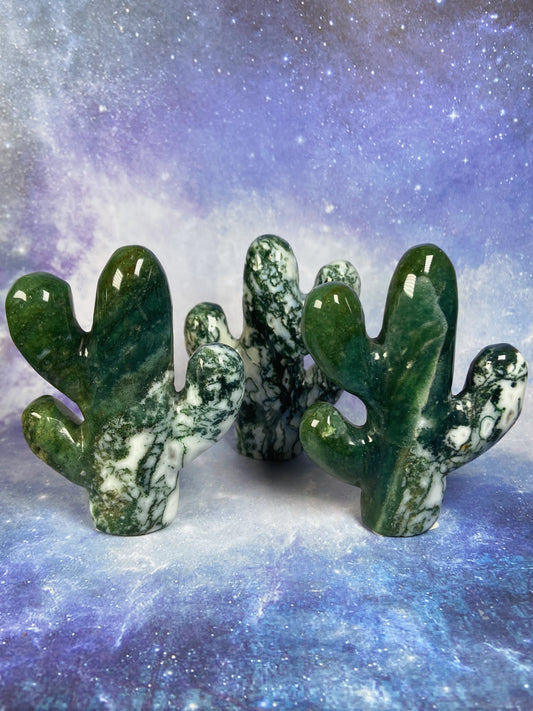 Moss Agate Cactus Carvings