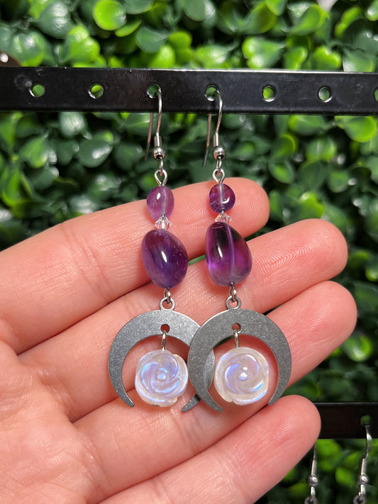 Moonstone Rose & Amethyst Earrings