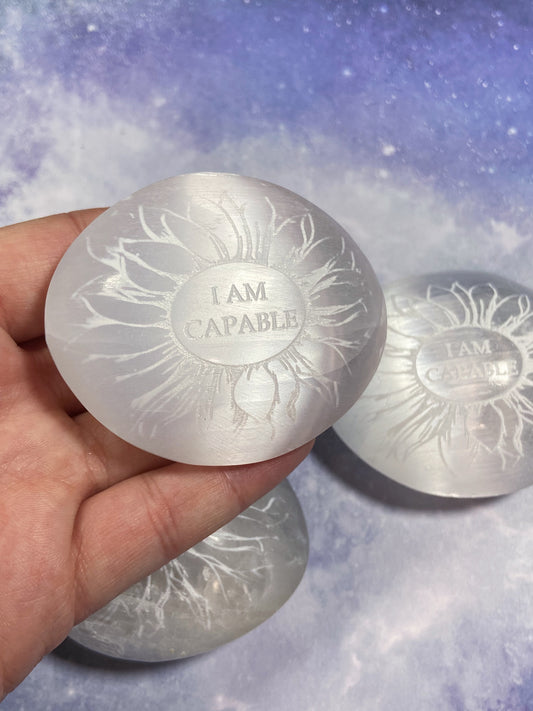 Satin Spar "I am Capable" Palm Stone