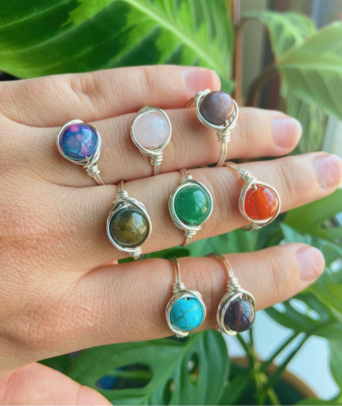 Wire Wrapped Gemstone Rings (Silver color)