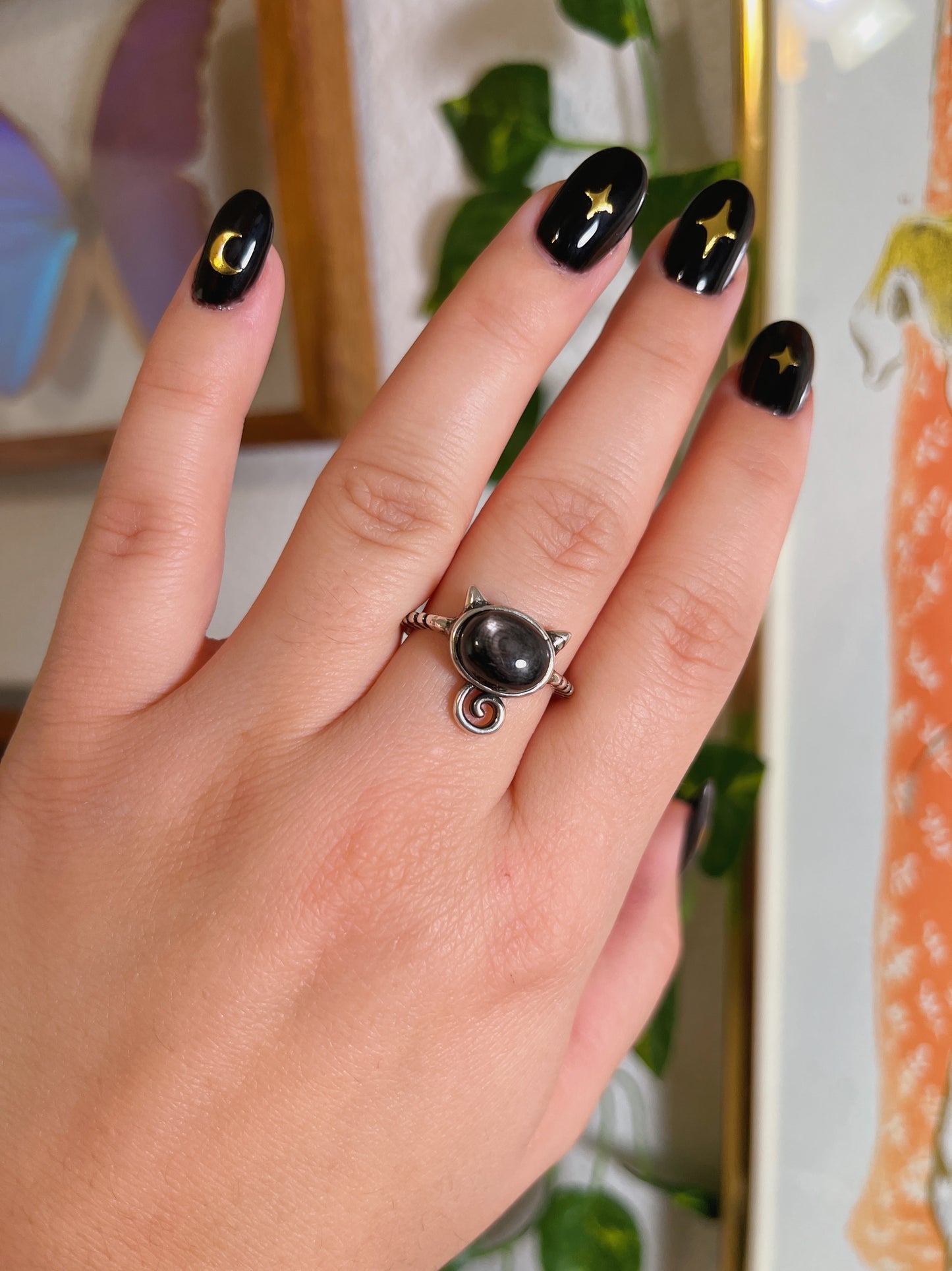 Silver Obsidian Kitty Ring